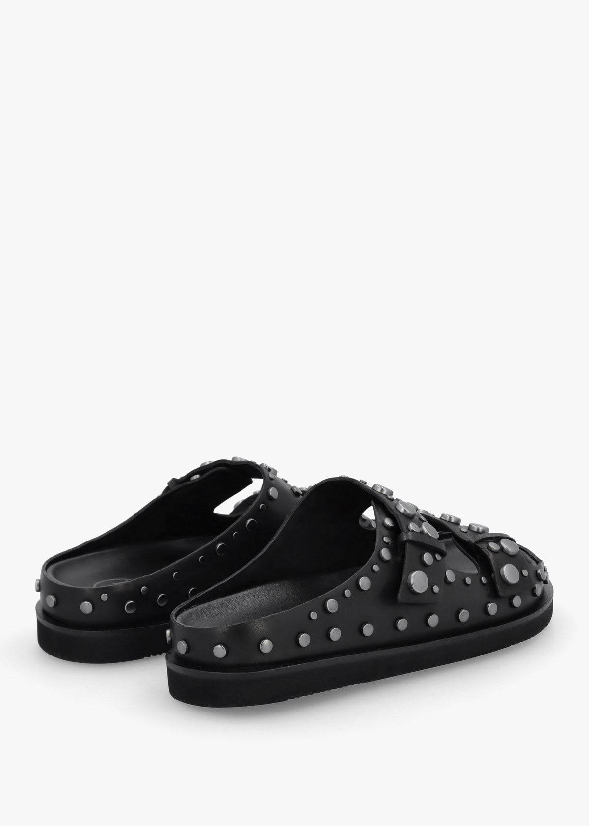 Ultra Black Leather Studded Two Bar Mules