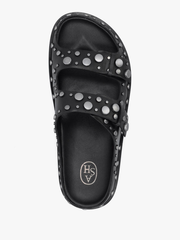 Ultra Black Leather Studded Two Bar Mules