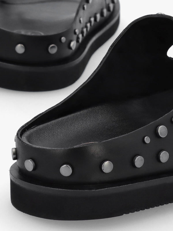 Ultra Black Leather Studded Two Bar Mules