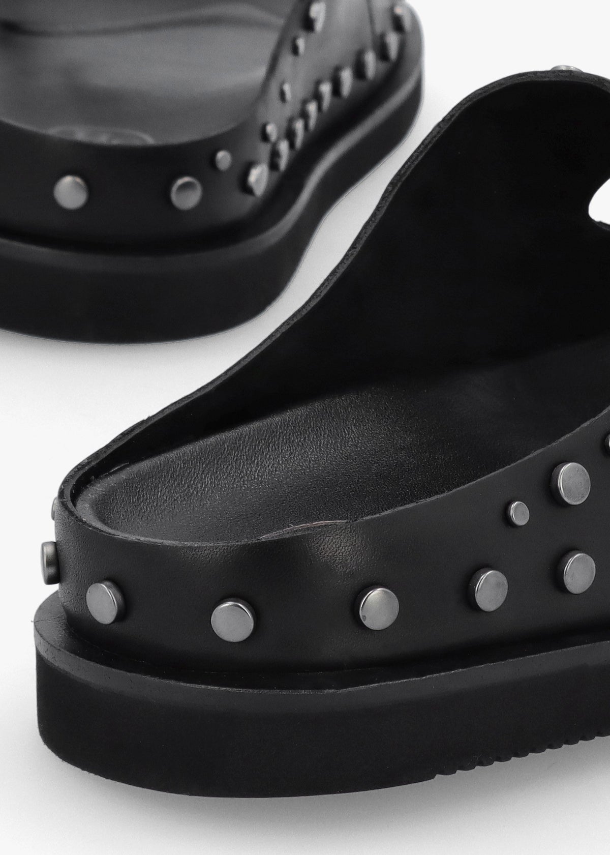 Ultra Black Leather Studded Two Bar Mules
