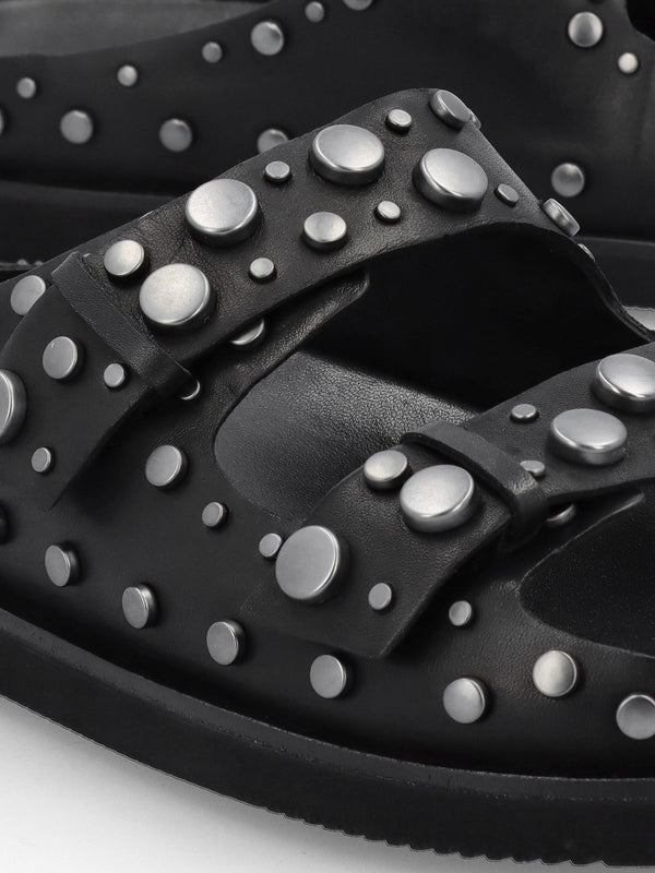 Ultra Black Leather Studded Two Bar Mules