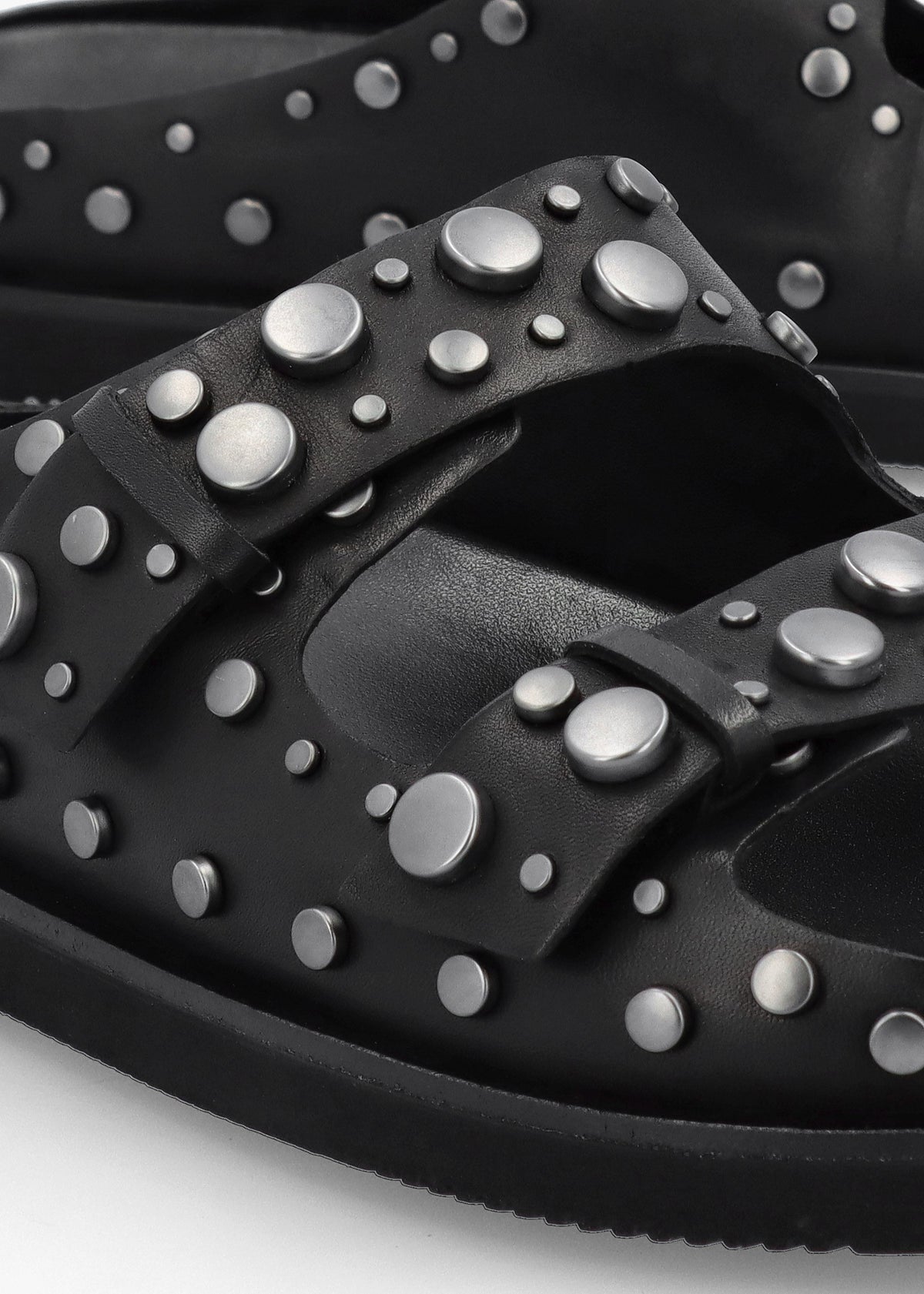 Ultra Black Leather Studded Two Bar Mules