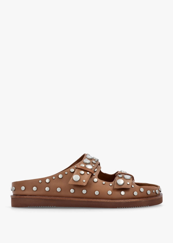Ultra Tan Leather Studded Two Bar Mules