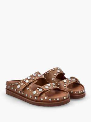 Ultra Tan Leather Studded Two Bar Mules