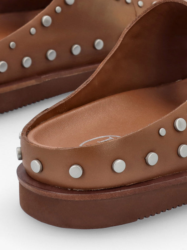 Ultra Tan Leather Studded Two Bar Mules