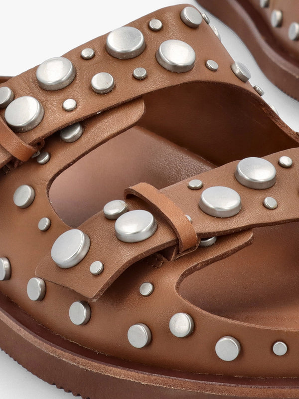 Ultra Tan Leather Studded Two Bar Mules