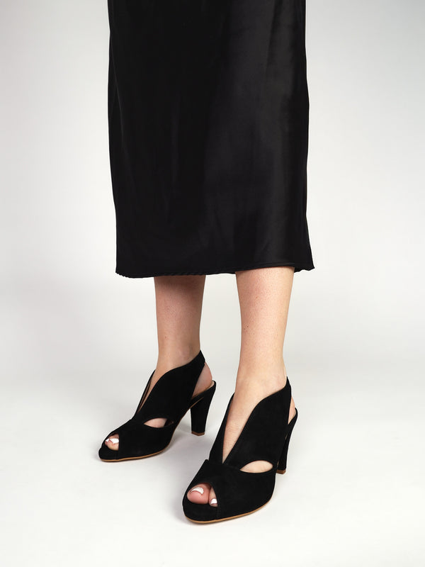 Calencia Black Suede Asymmetric Block Heel Sandals