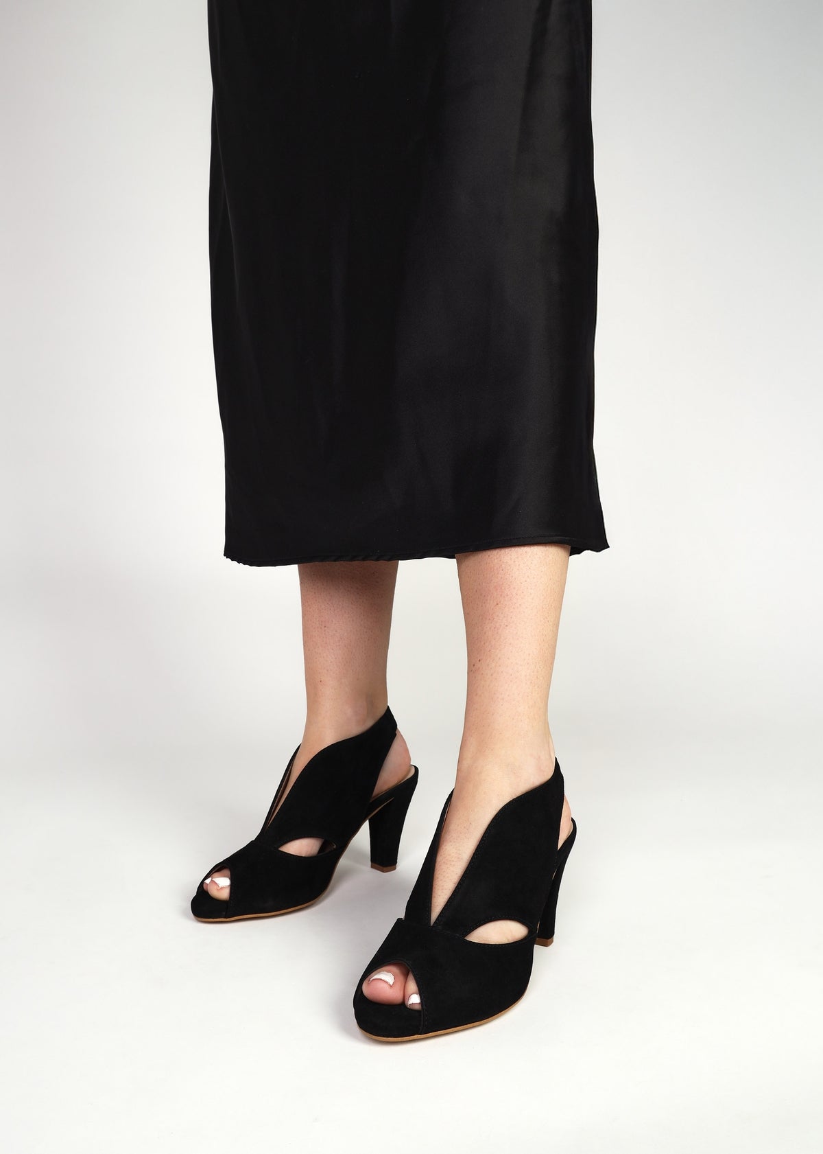 Calencia Black Suede Asymmetric Block Heel Sandals
