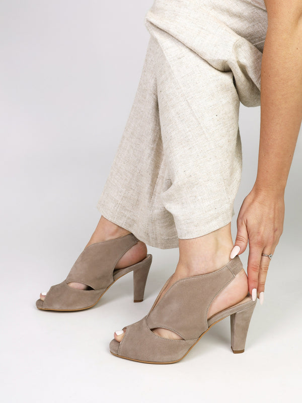 Calencia Taupe Suede Asymmetric Block Heel Sandals