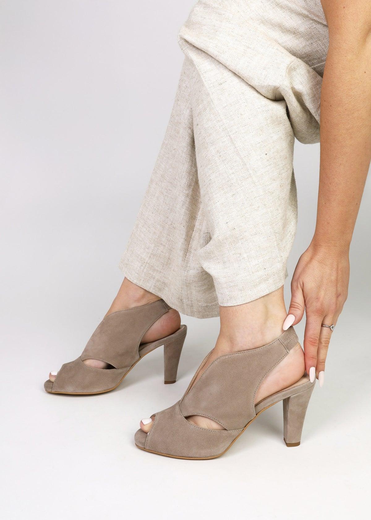 Calencia Taupe Suede Asymmetric Block Heel Sandals