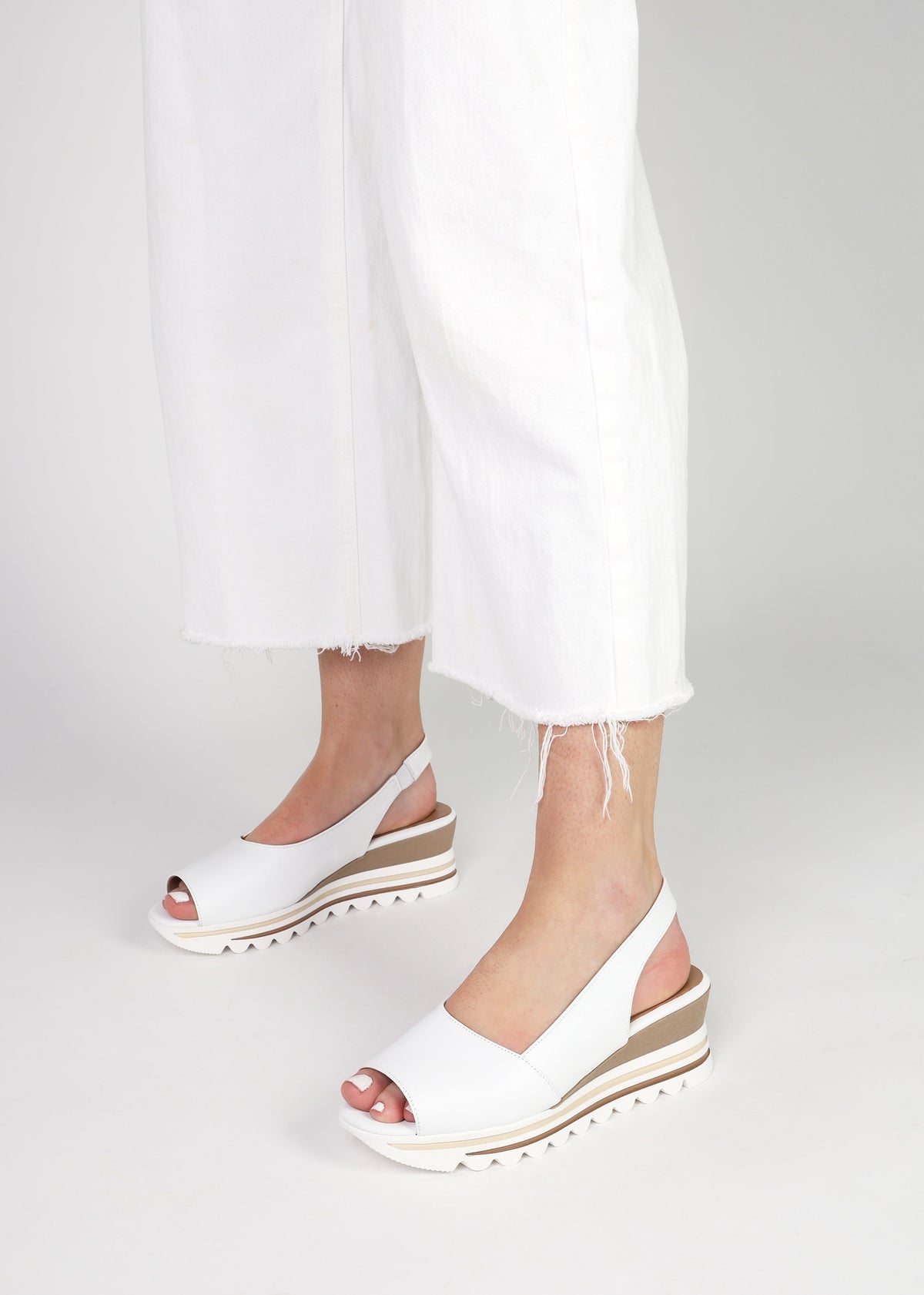Canna White Leather Peep Toe Wedge Sandals
