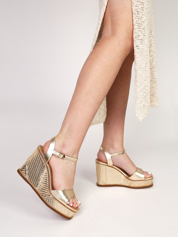 Chalk Gold Leather Stitch Detail Wedge Sandals