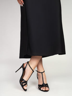 Civil Black Patent Leather T Bar Stiletto Heel Sandals