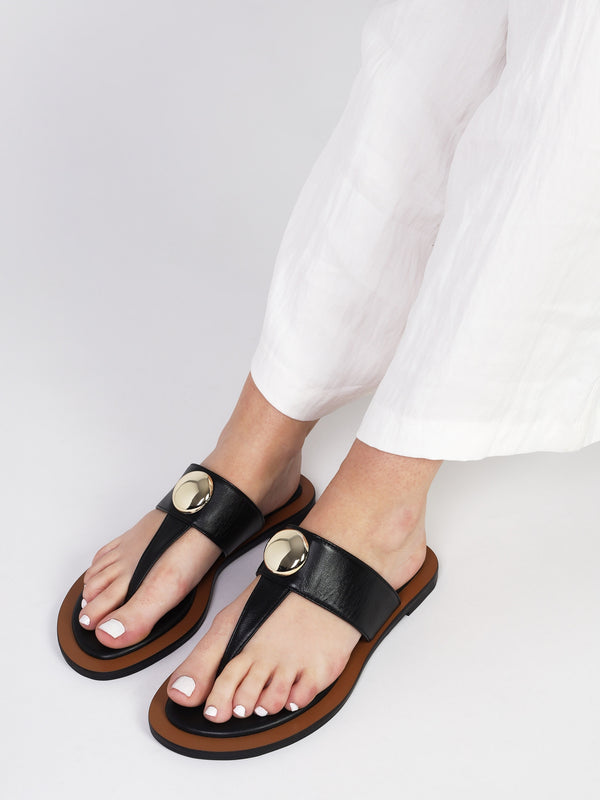 Costly Black Leather Toe Post Sandals