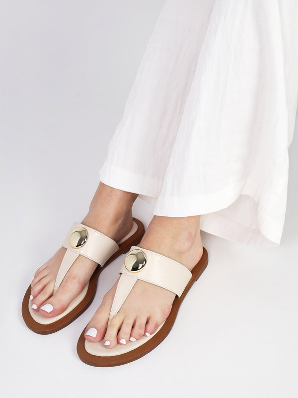Costly Cream Leather Toe Post Sandals