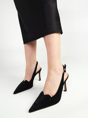 Elove Black Suede Crystal Heart Toe Cap Heeled Sling Backs