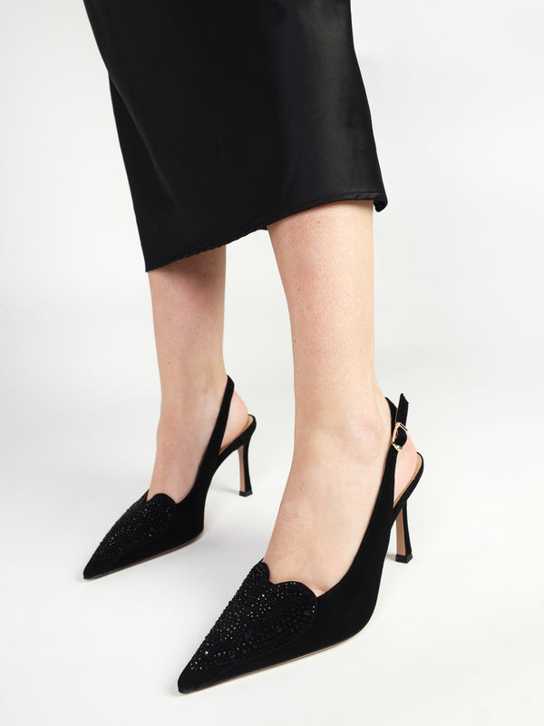 Elove Black Suede Crystal Heart Toe Cap Heeled Sling Backs