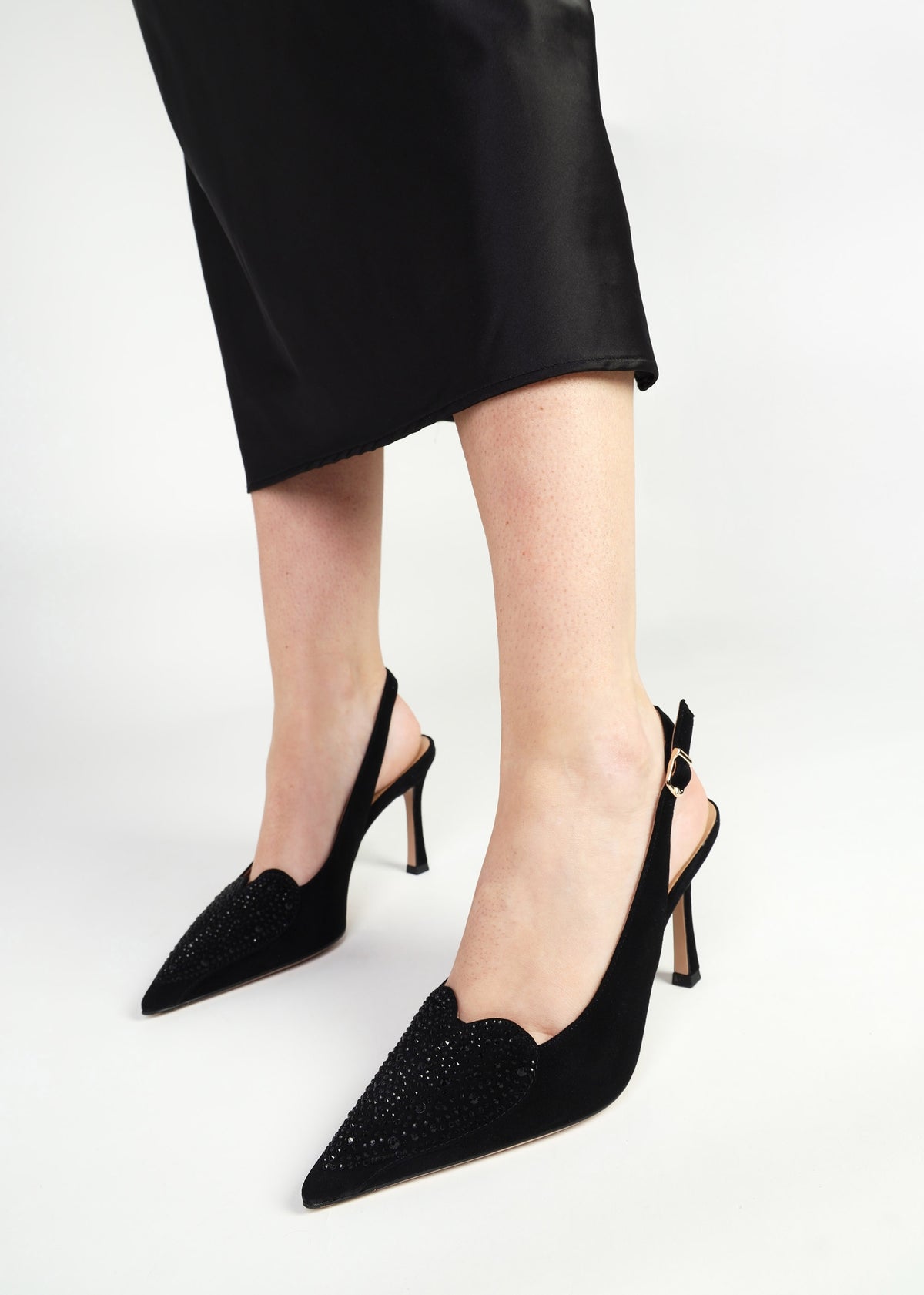 Elove Black Suede Crystal Heart Toe Cap Heeled Sling Backs
