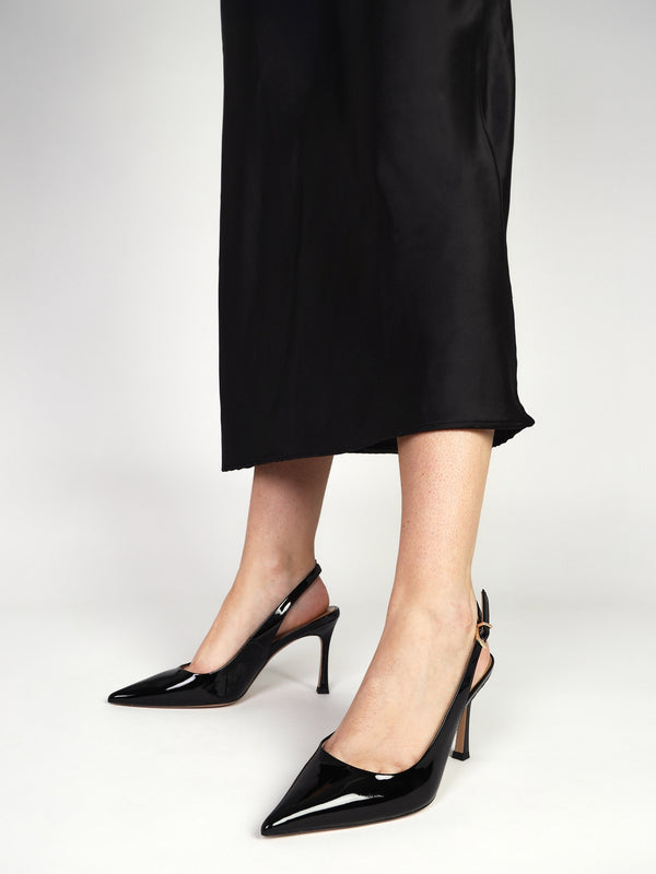 Enjoy Black Patent Leather Mid Heel Sling Back Court Shoes