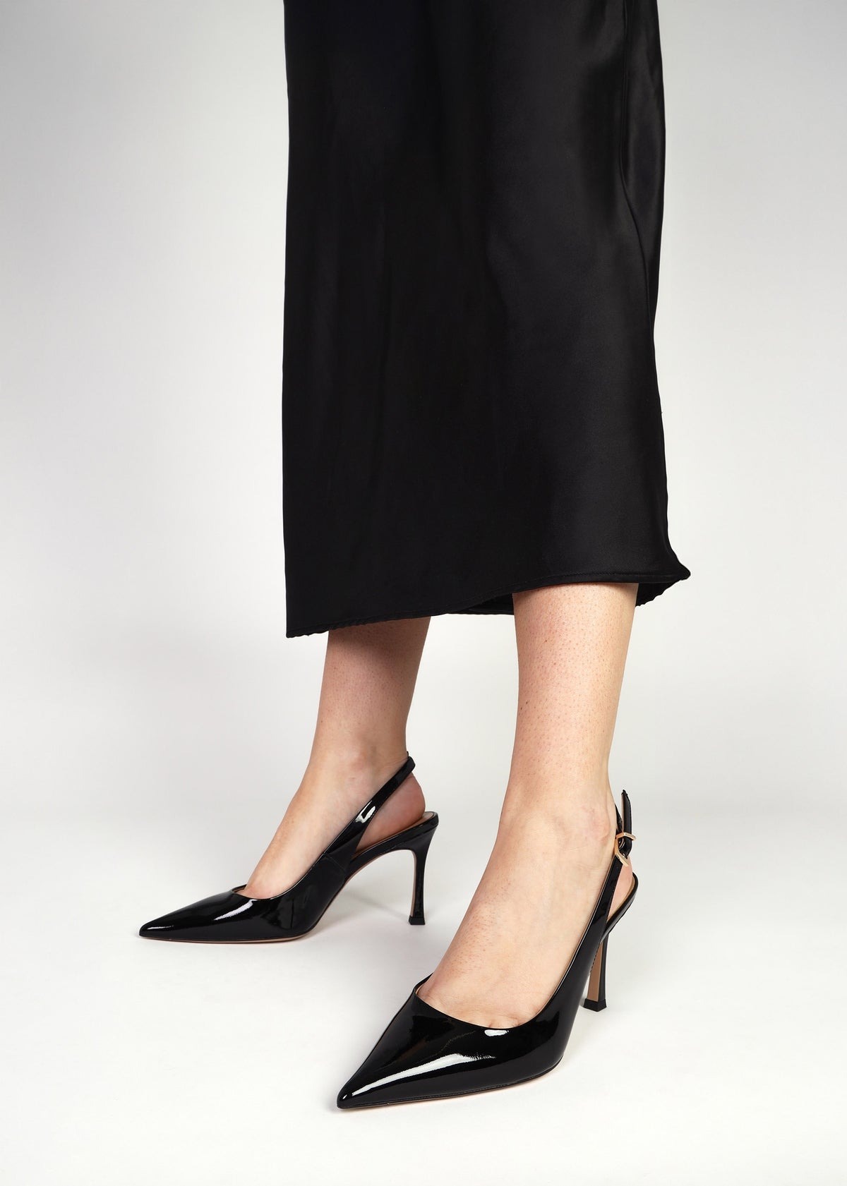 Enjoy Black Patent Leather Mid Heel Sling Back Court Shoes