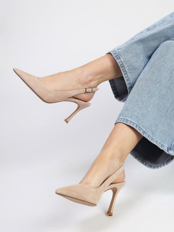 Enjoy Nude Suede Mid Heel Sling Back Court Shoes