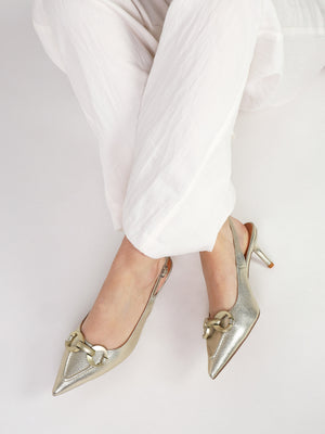 Eppie Gold Leather Mid Heel Sling Back Shoes