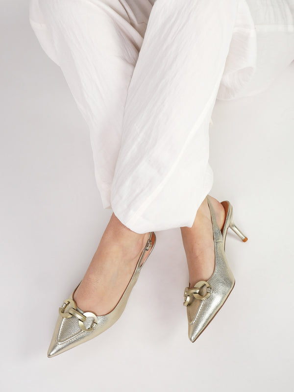 Eppie Gold Leather Mid Heel Sling Back Shoes