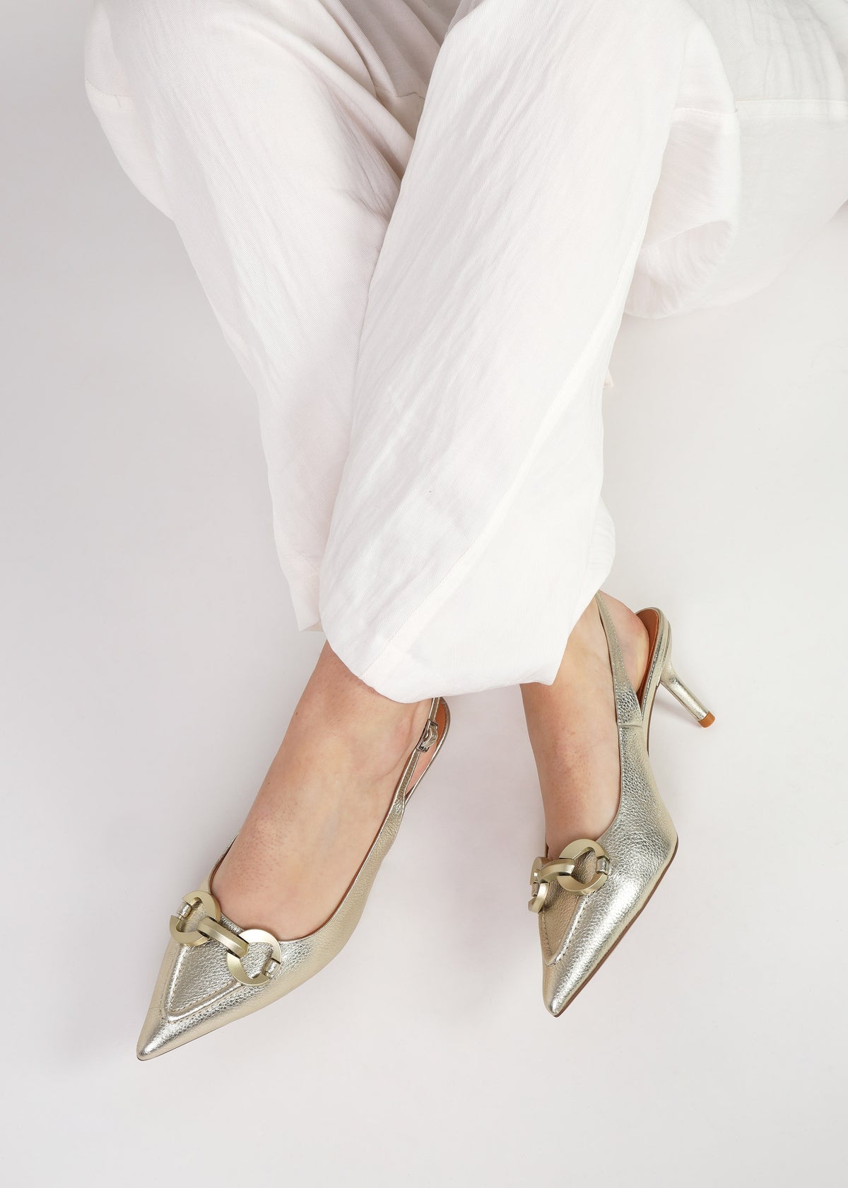 Eppie Gold Leather Mid Heel Sling Back Shoes