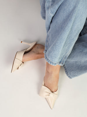 Erose Cream Leather Bow Heel Mules