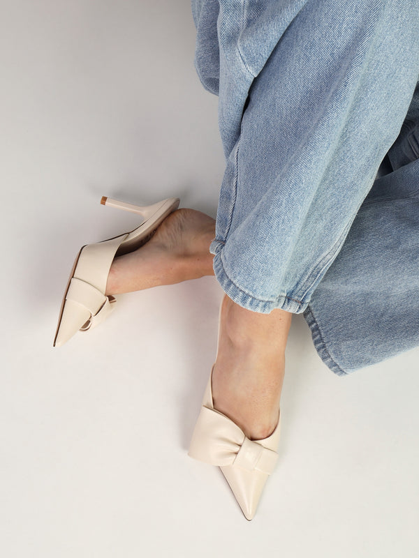 Erose Cream Leather Bow Heel Mules