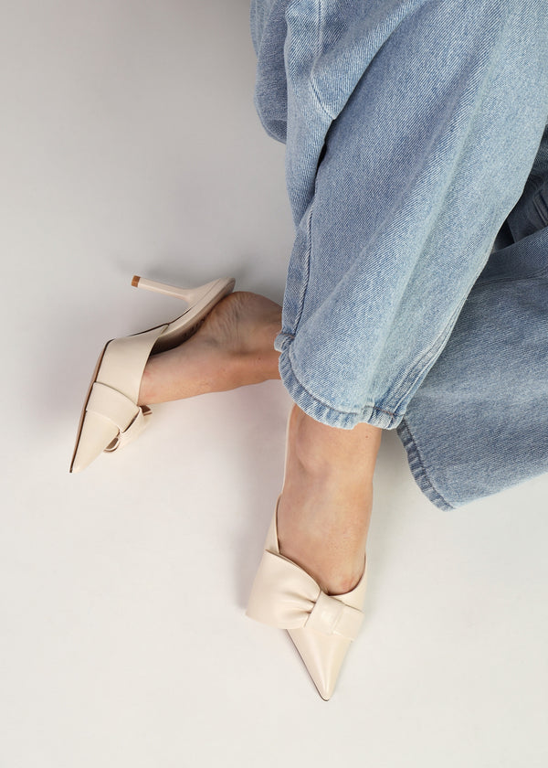 Erose Cream Leather Bow Heel Mules