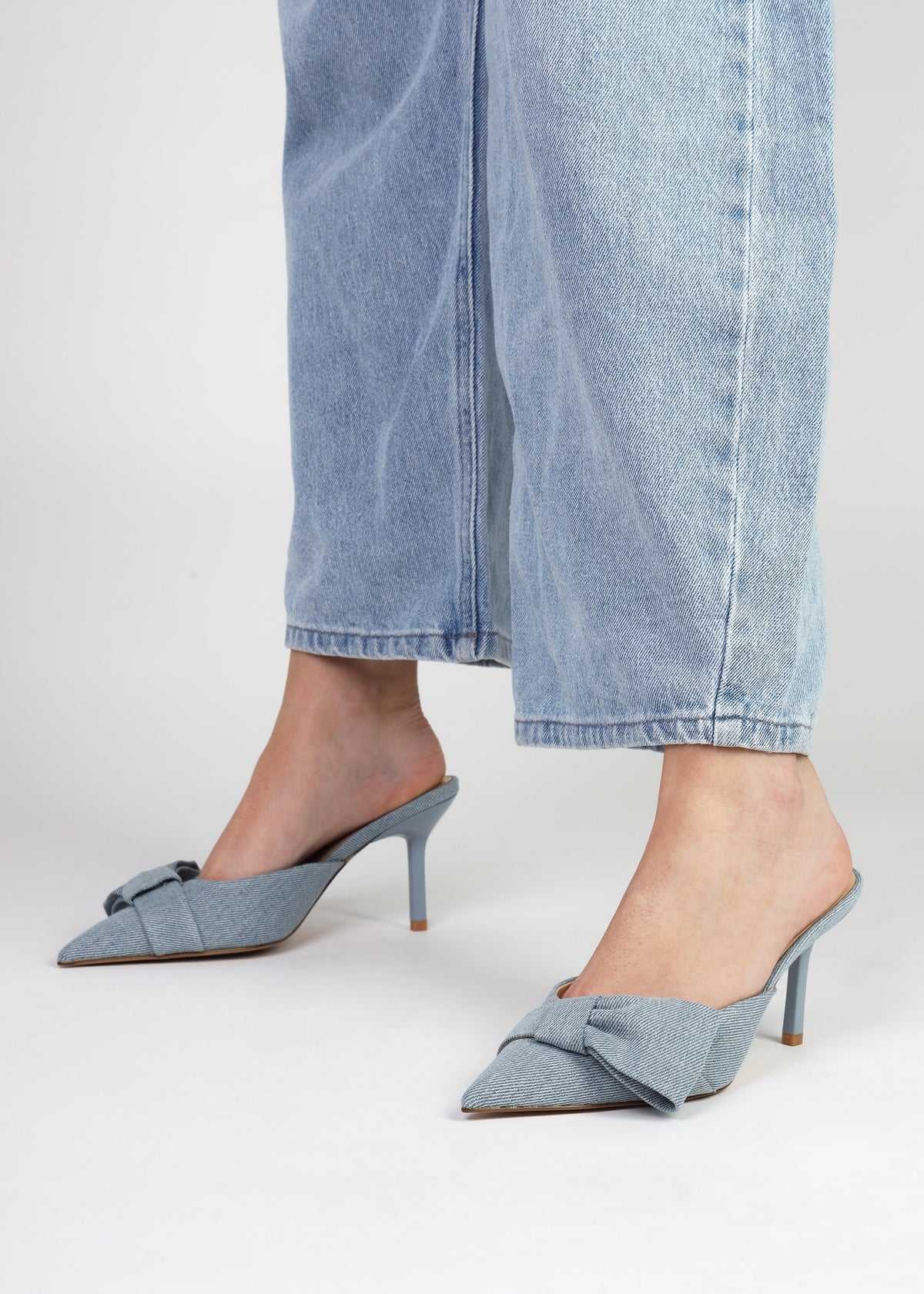 Erose Denim Bow Heel Mules