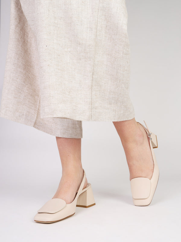 Nessie Cream Leather Block Heel Sling Backs