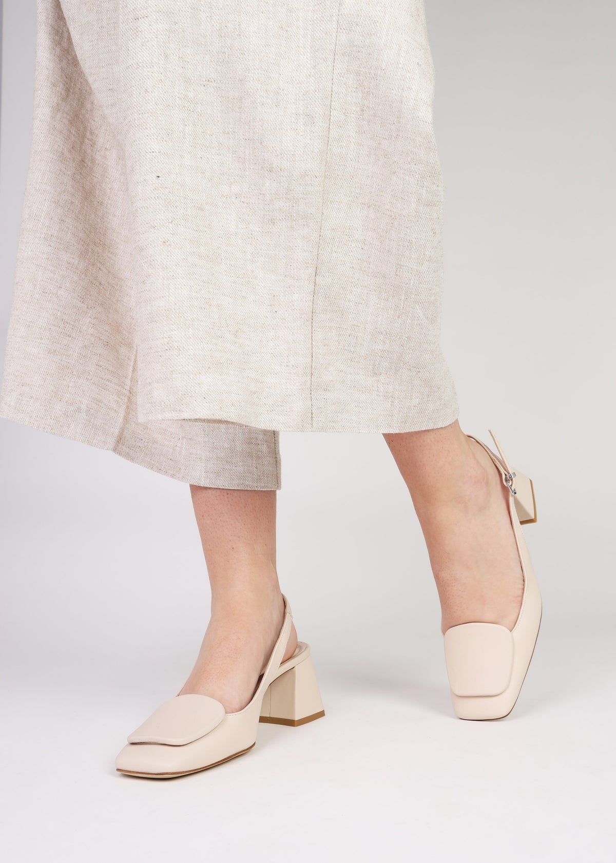 Nessie Cream Leather Block Heel Sling Backs