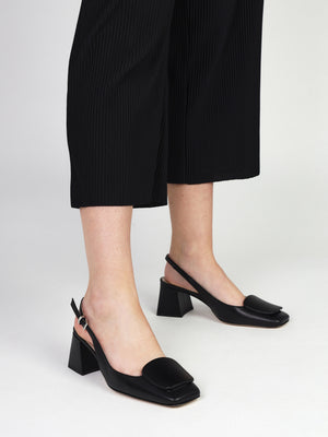 Nessie Black Patent Leather Block Heel Sling Backs