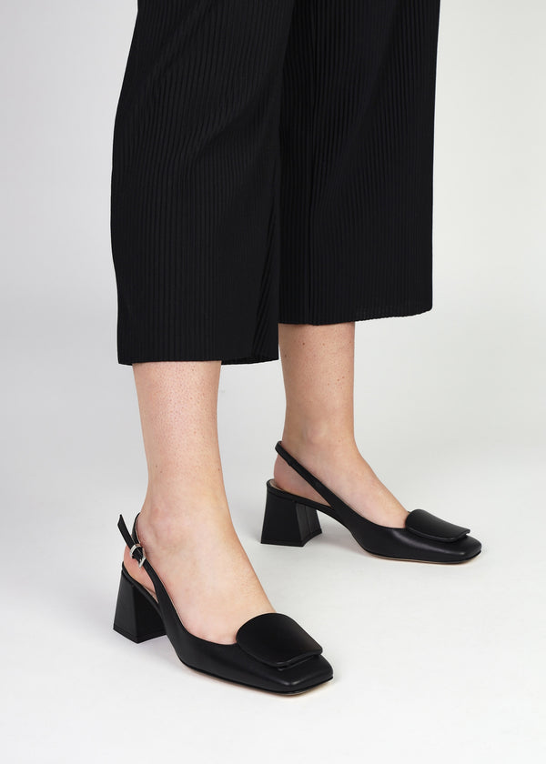 Nessie Black Patent Leather Block Heel Sling Backs