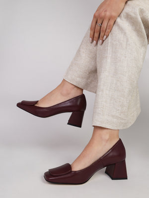 Nessie Burgundy Leather Block Heel Court Shoes