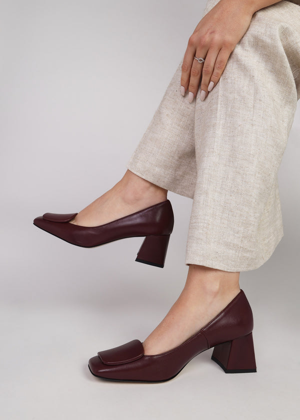 Nessie Burgundy Leather Block Heel Court Shoes