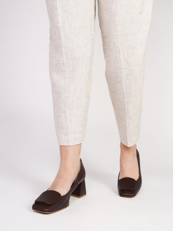 Nessie Brown Leather Block Heel Court Shoes