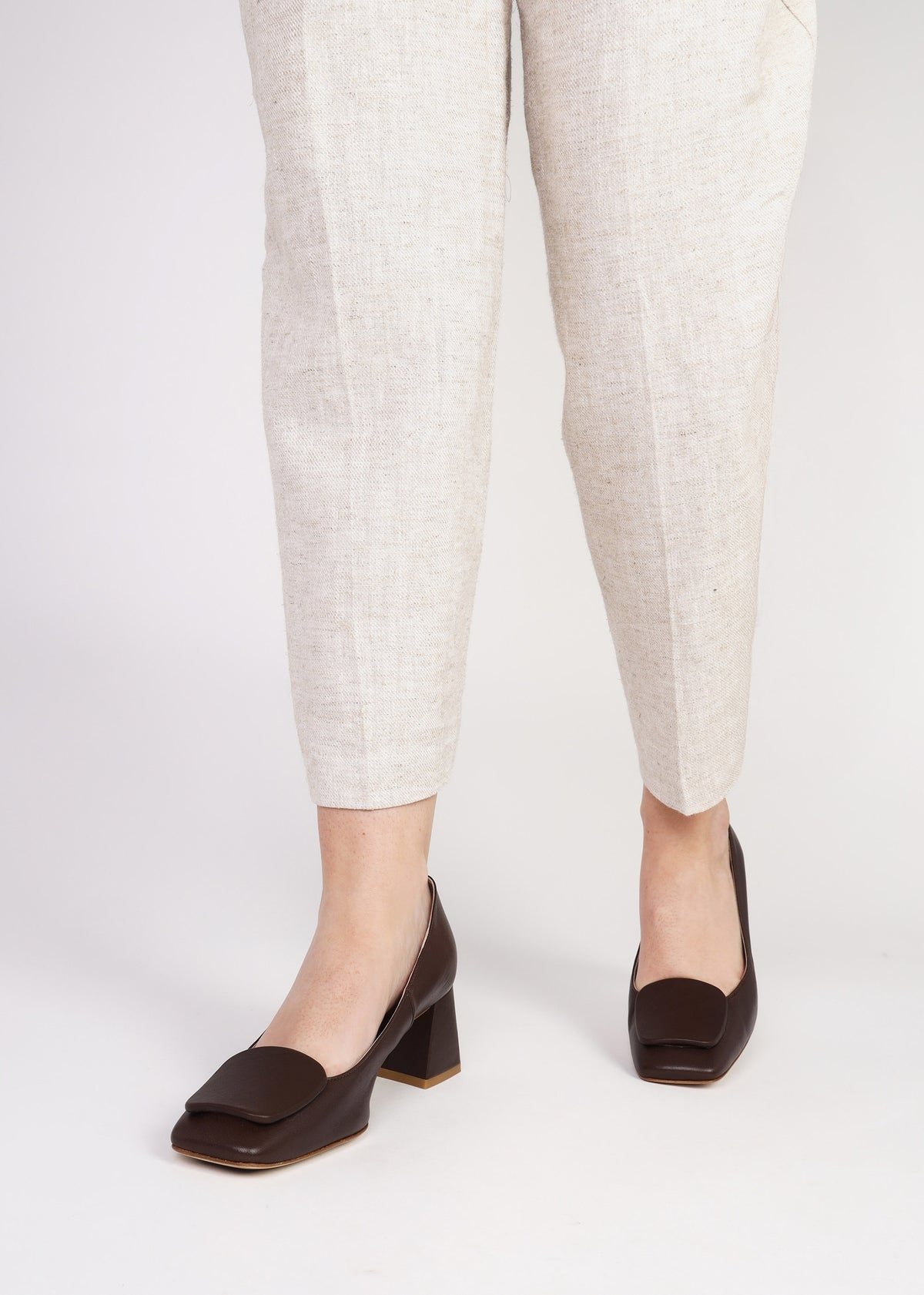 Nessie Brown Leather Block Heel Court Shoes
