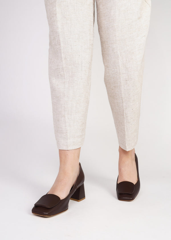 Nessie Brown Leather Block Heel Court Shoes