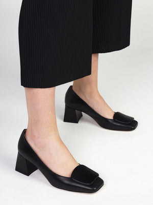 Nessie Black Leather Block Heel Court Shoes