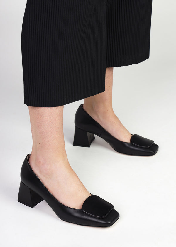 Nessie Black Leather Block Heel Court Shoes