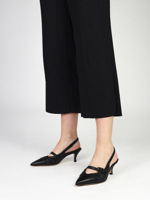 Nouche Black Leather Rouched Kitten Heel Sling Backs