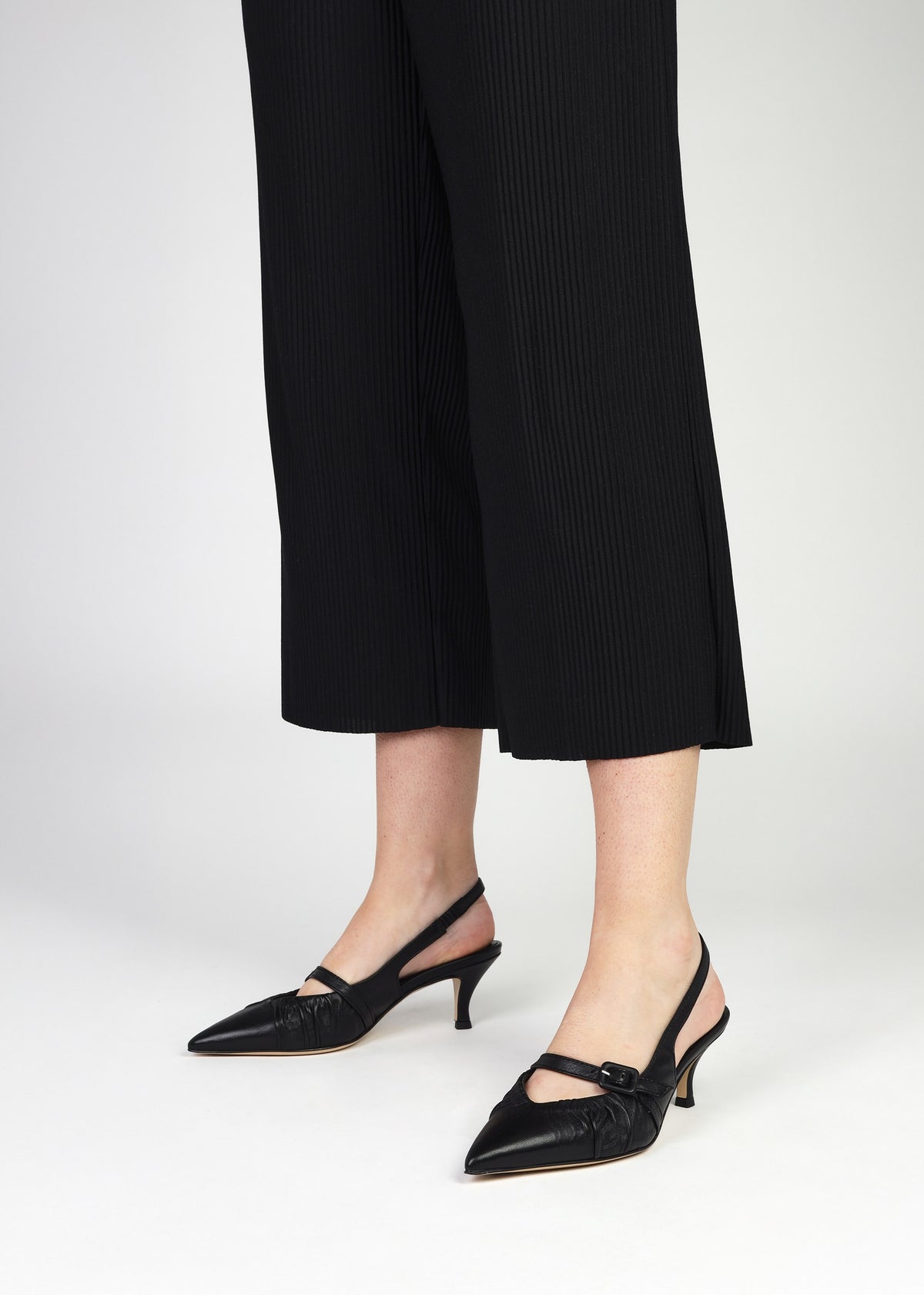 Nouche Black Leather Rouched Kitten Heel Sling Backs