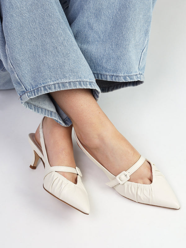 Nouche Cream Leather Rouched Kitten Heel Sling Backs