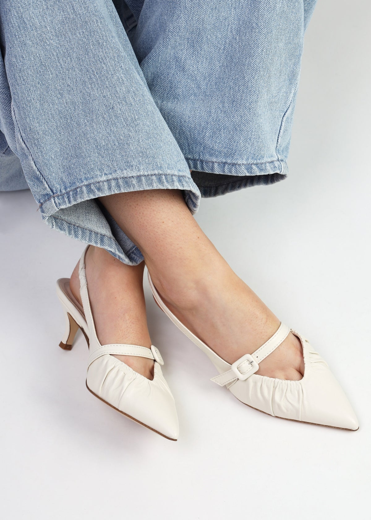Nouche Cream Leather Rouched Kitten Heel Sling Backs