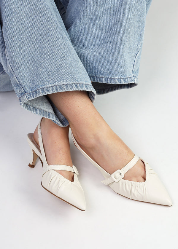 Nouche Cream Leather Rouched Kitten Heel Sling Backs