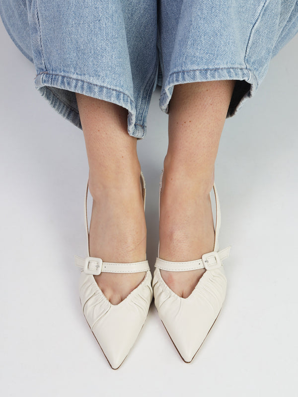 Nouche Cream Leather Rouched Kitten Heel Sling Backs
