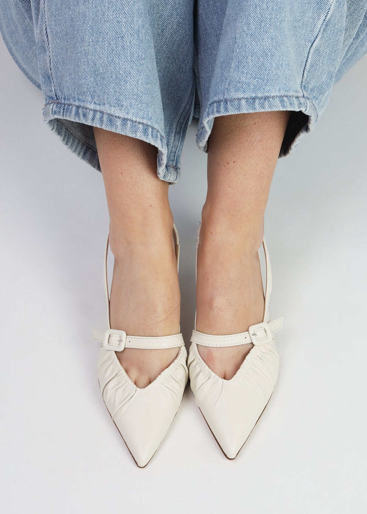 Nouche Cream Leather Rouched Kitten Heel Sling Backs